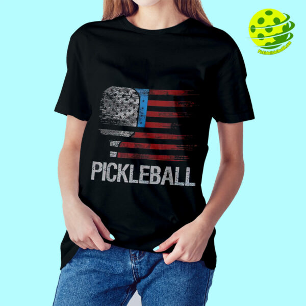 American Flag Pickleball T-Shirt with Paddle | Patriotic Sports Tee