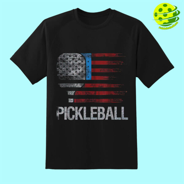 American Flag Pickleball T-Shirt with Paddle | Patriotic Sports Tee